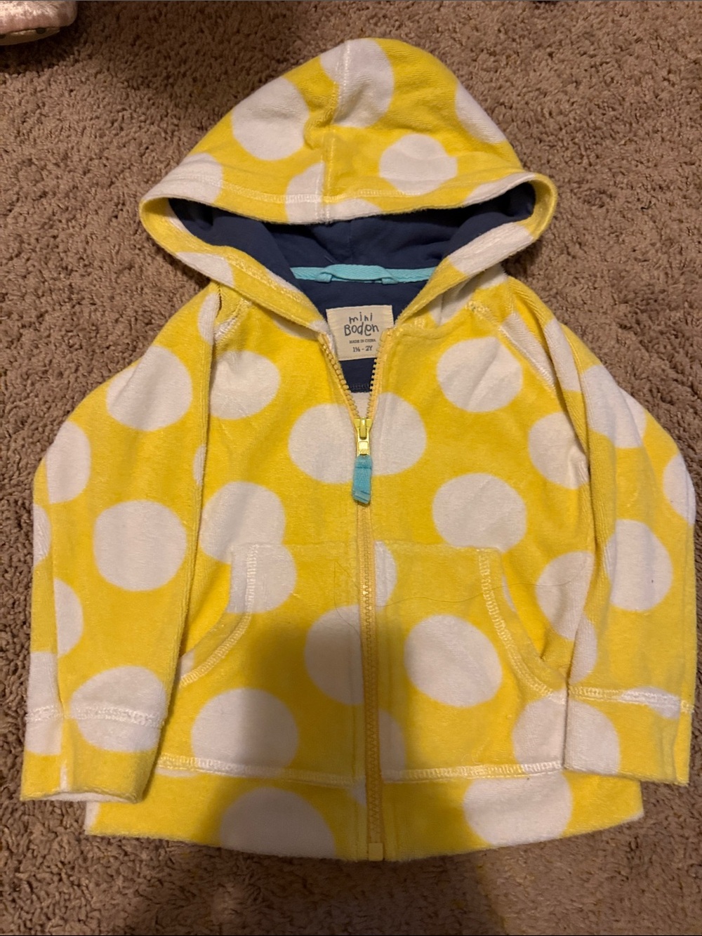 Mini Boden 1.5-2T Girls Yellow & White Polka Dot Hooded Zip Sweatshirt